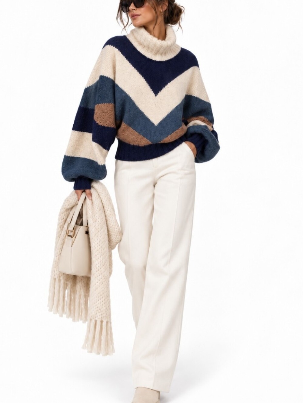 Vintage Oversized Knit Wool Colorblock Mock Neck Balloon Sleeve Handmade Sweater